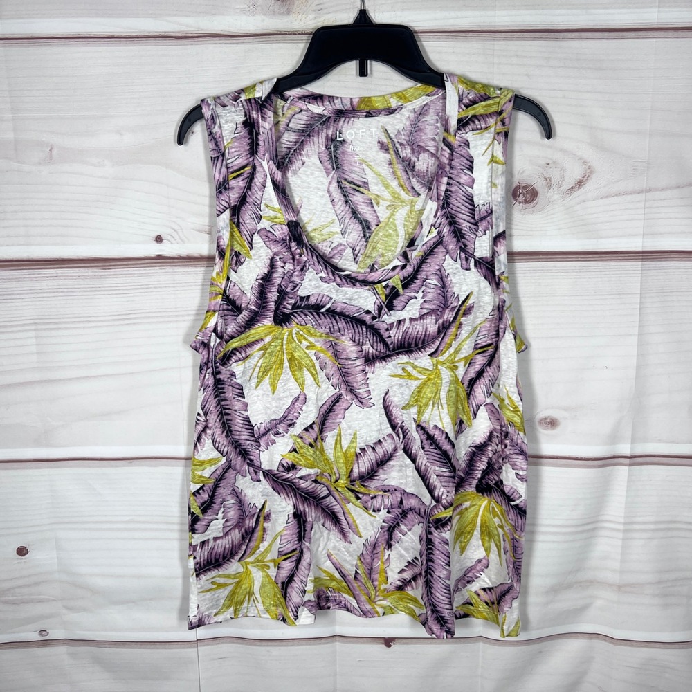 LOFT Tank Top Women Large Purple Floral Linen Tropical Sleeveless Scoop Neck